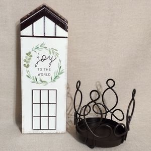Farmhouse Style Joy To The World House Sign & Scroll Candle Holder (Set)